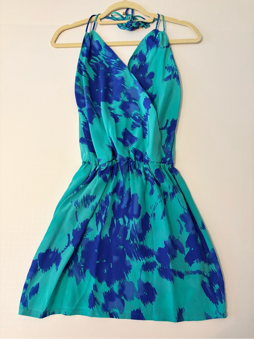 Kacey Montoya’s Closet | Karina Grimaldi Teal & Blue Print Faux Wrap Mini Dress